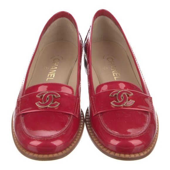 NIB Chanel Interlocking CC Logo Red Patent Leather Loafers Size 40 - Picture 3 of 5